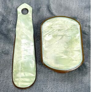 ACW-Alite Pearlescent Green Celluloid Shoe Horn Trinket Box Vanity Set MCM